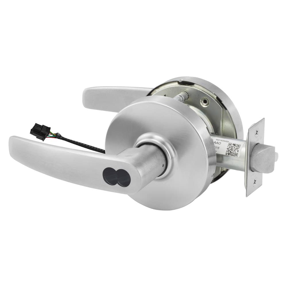 Grade 1 Electrified Cylindrical Lock, Fail Safe, B Lever, L Rose, SFIC Prep, Less Core, Deadlatch, Satin Chrome Finish, Non-Handed