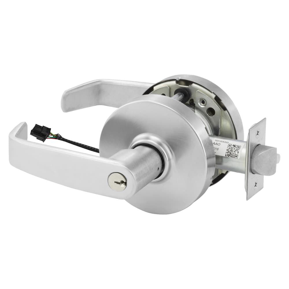 Grade 1 Electrified Cylindrical Lock, Fail Safe, L Lever, L Rose, 6-Pin Cylinder, Deadlatch, Satin Chrome Finish, Non-Handed