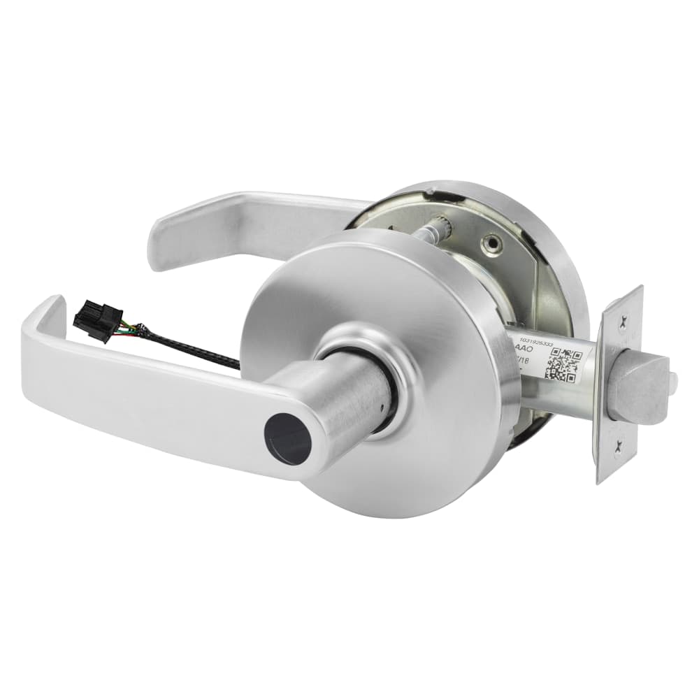 Grade 1 Electrified Cylindrical Lock, Fail Safe, L Lever, L Rose, Less Cylinder, Deadlatch, Satin Chrome Finish, Non-Handed