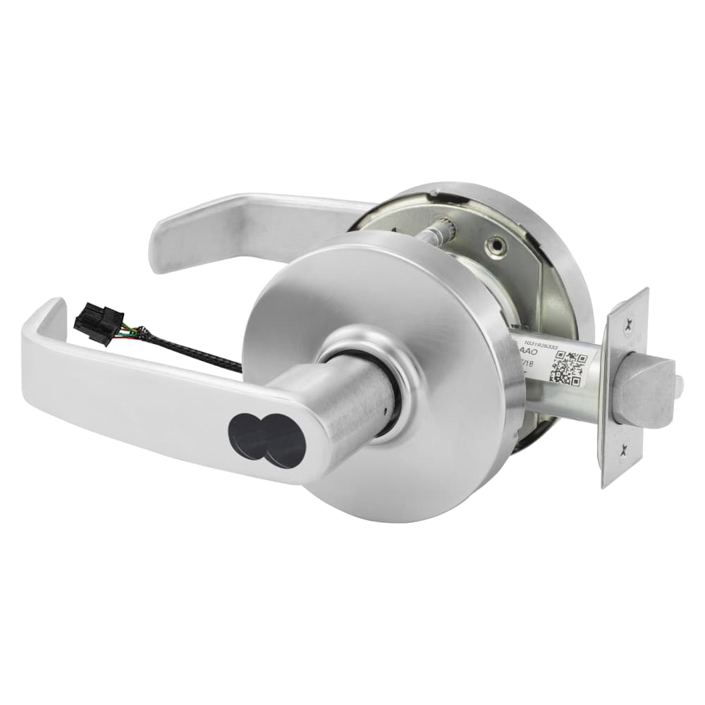 Grade 1 Electrified Cylindrical Lock, Fail Safe, L Lever, L Rose, LFIC Prep, Less Core, Deadlatch, Satin Chrome Finish, Non-Handed
