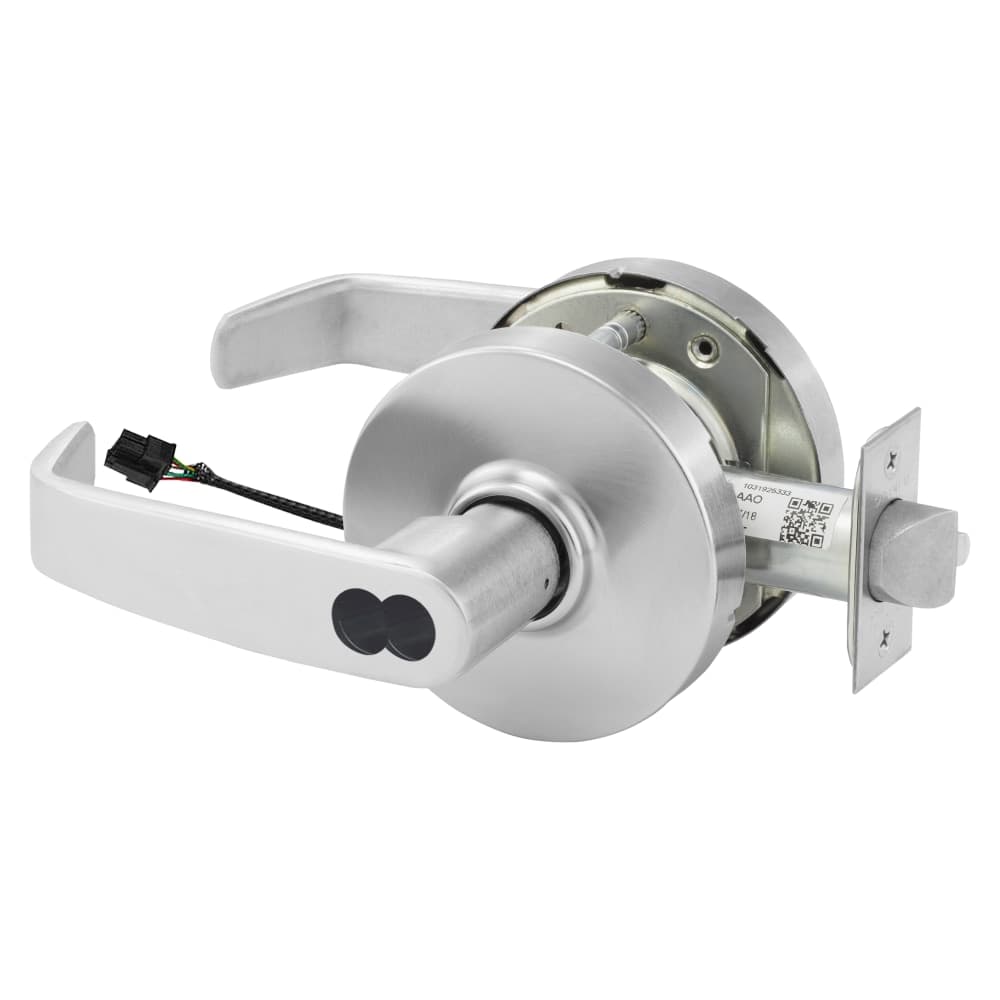 Grade 1 Electrified Cylindrical Lock, Fail Safe, L Lever, L Rose, SFIC Prep, Less Core, Deadlatch, Request to Exit, Satin Chrome Finish, Non-Handed