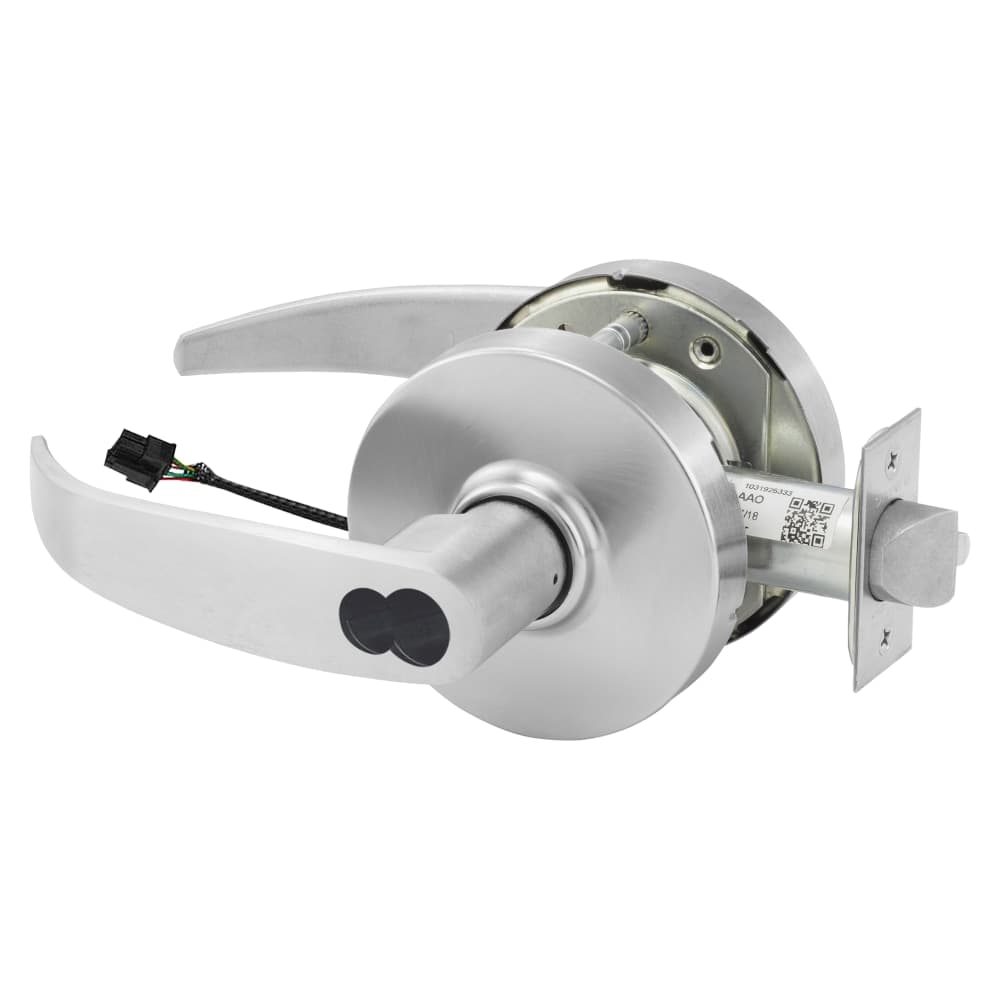 Grade 1 Electrified Cylindrical Lock, Fail Safe, P Lever, L Rose, LFIC Prep, Less Core, Deadlatch, Satin Chrome Finish, Non-Handed