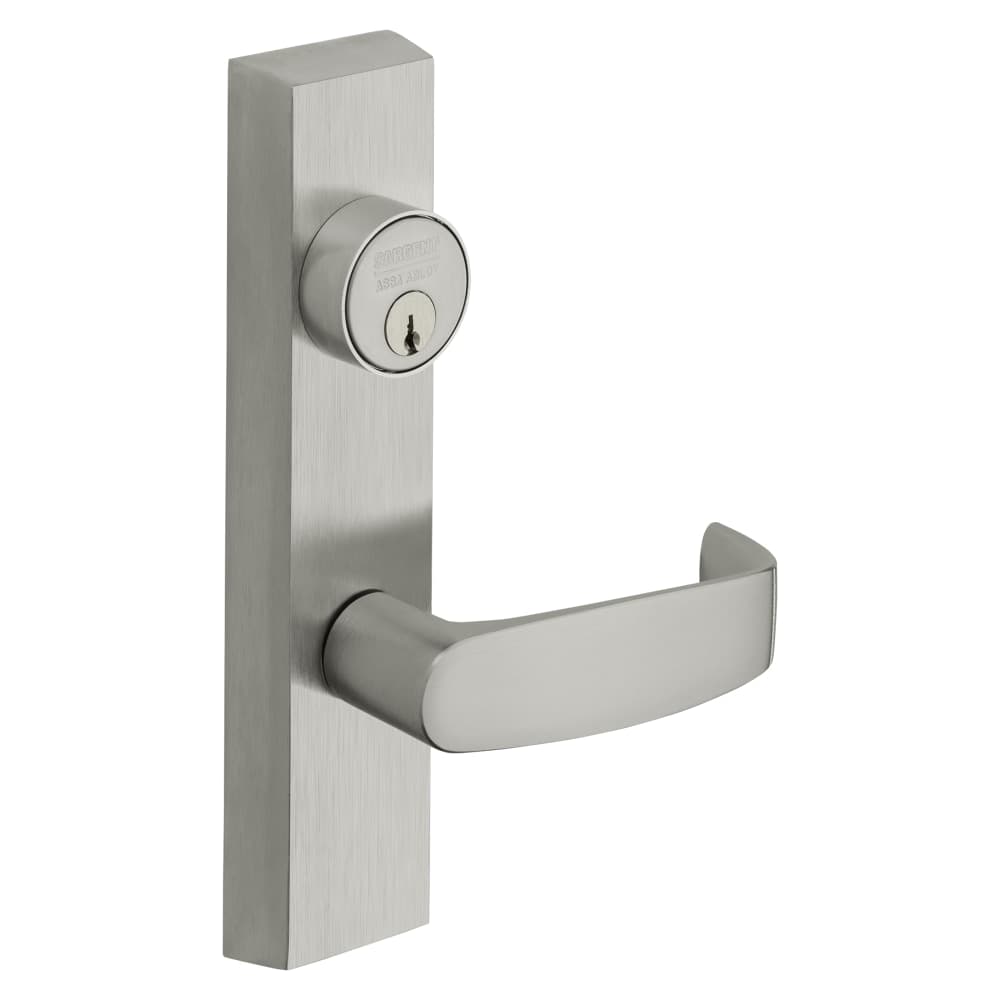 Grade 1 Electrified Exit Device Trim, Fail Safe, Power Off, Unlocks Lever, Key Retracts Latch, For Rim (8800) and NB8700 Series Devices, Rim Cylinder, L Lever, 24V, RHR, Satin Chrome Finish